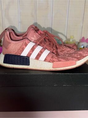 adidas pink and navy NMD R1 sneakers with white stripes